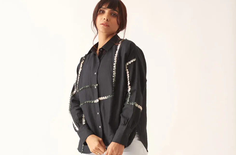 Women's Black Cotton Oversized Lace Shirt