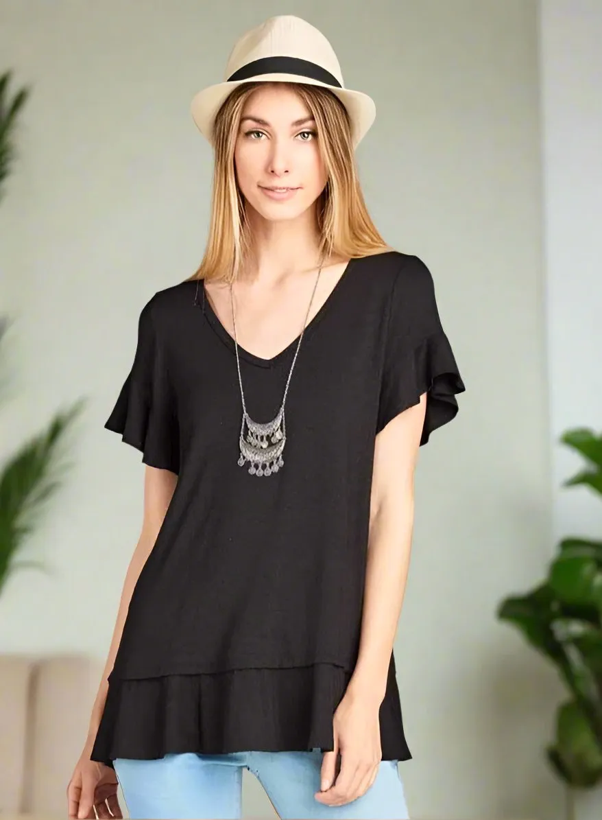 Womens Black Short Sleeve Top, Flutter Sleeve Shirt, Ruffle Hem Shirt, Sizes S/M/L, Solid Black