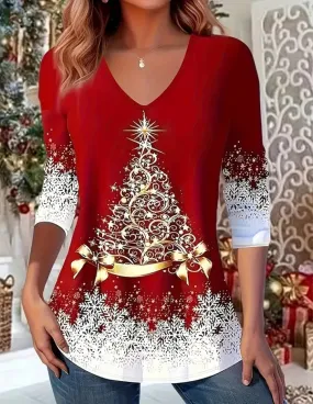 Women's  Christmas Tree Print Top V- Neck Tunic T-shirt