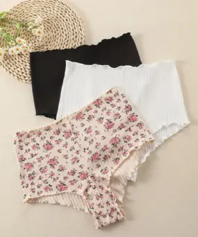 Women's Elegant Panties Set, 3 Pcs, Floral Print, Black and White, Cotton, Size XL