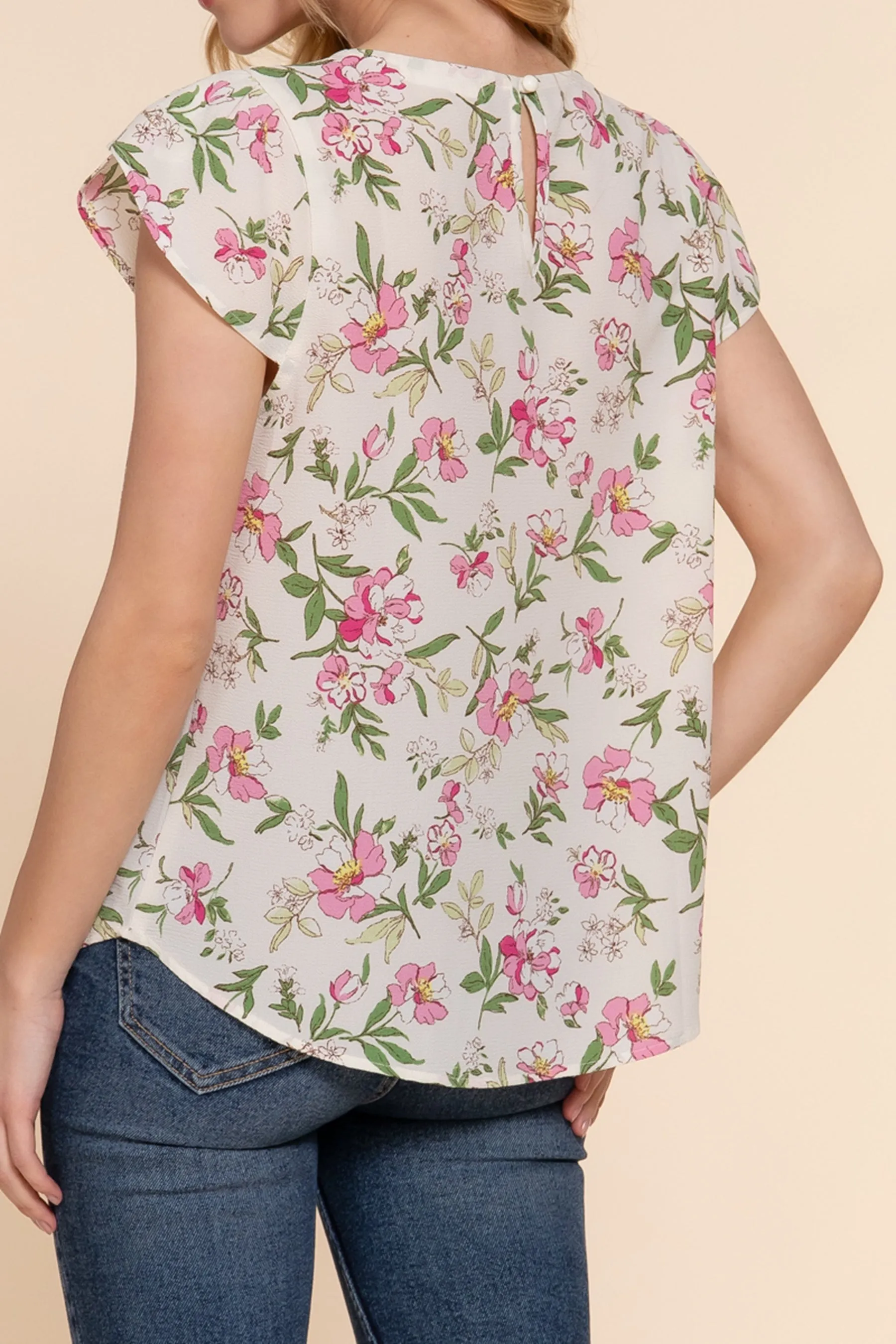 Women's Floral Print Woven Top with Short Tulip Sleeves Round Neck