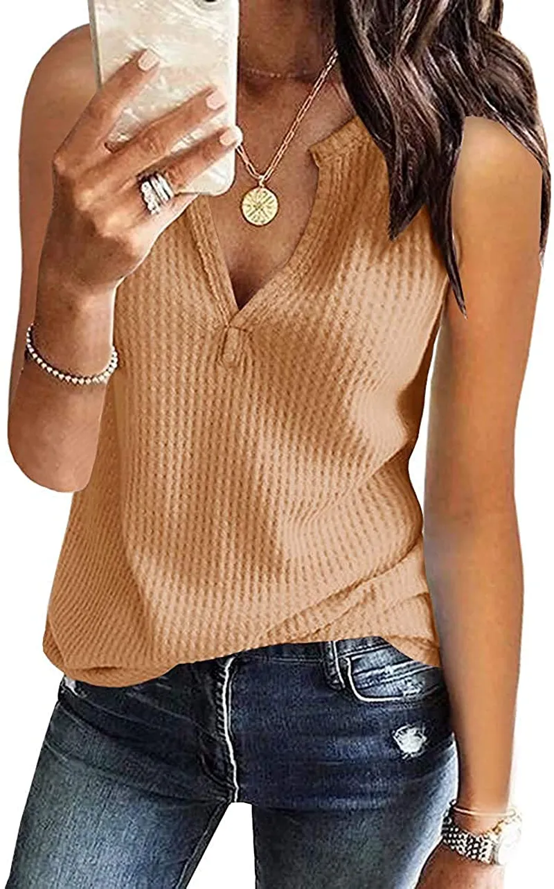 Women's V Neck Waffle Knit Henley Tops Casual Long Sleeve Pullover Sweater Blouses