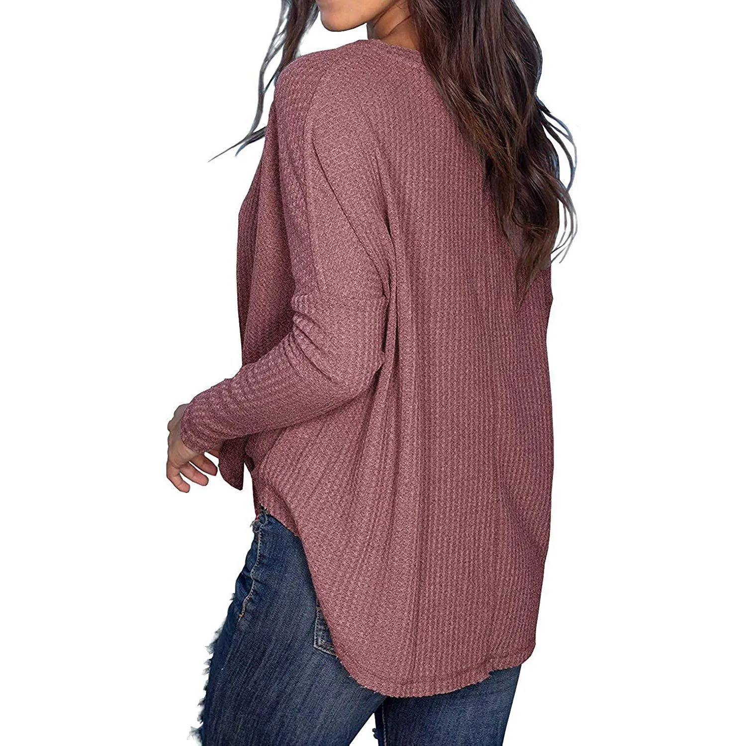 Womens Waffle Knit Tunic Blouse Tie Knot Henley Tops