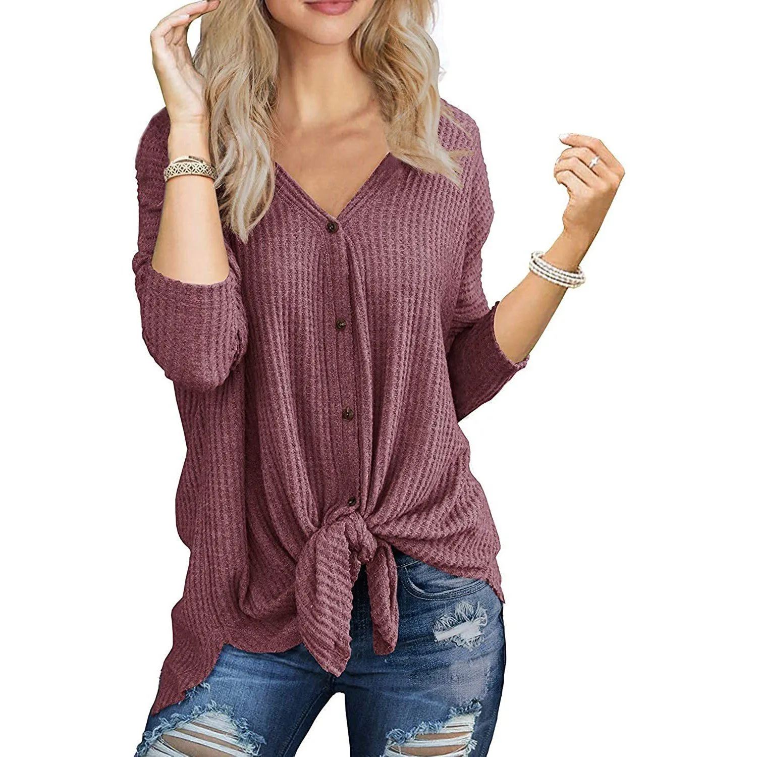 Womens Waffle Knit Tunic Blouse Tie Knot Henley Tops