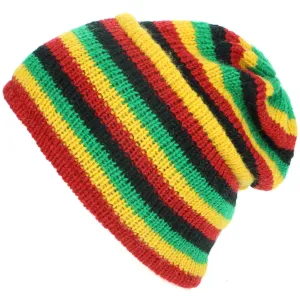 Wool Knit Ridge Beanie Hat with Fleece Lining - Rasta